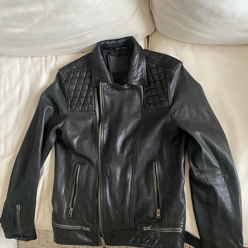 All Saints Black Quilted-Shoulder Leather Biker Jacket